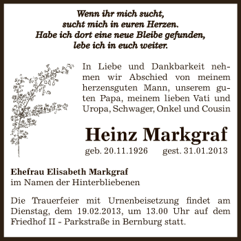 Traueranzeige von Heinz Markgraf von Mitteldeutsche Zeitung Bernburg