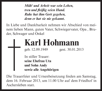 Traueranzeige von Karl Hohmann von Mitteldeutsche Zeitung Aschersleben