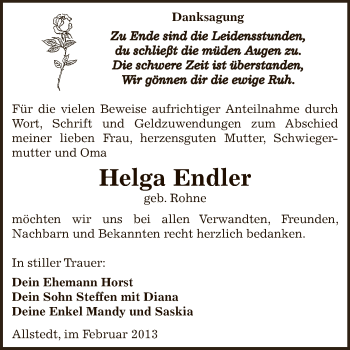Traueranzeige von Helga Endler von Mitteldeutsche Zeitung Sangerhausen
