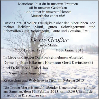 Traueranzeige von Doris Großer von Mitteldeutsche Zeitung Zeitz
