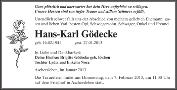 Traueranzeige von Hans-Karl Gödecke von Mitteldeutsche Zeitung Aschersleben