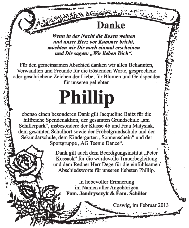  Traueranzeige für Phillip Jendrysczyk vom 03.02.2013 aus Mitteldeutsche Zeitung Jessen