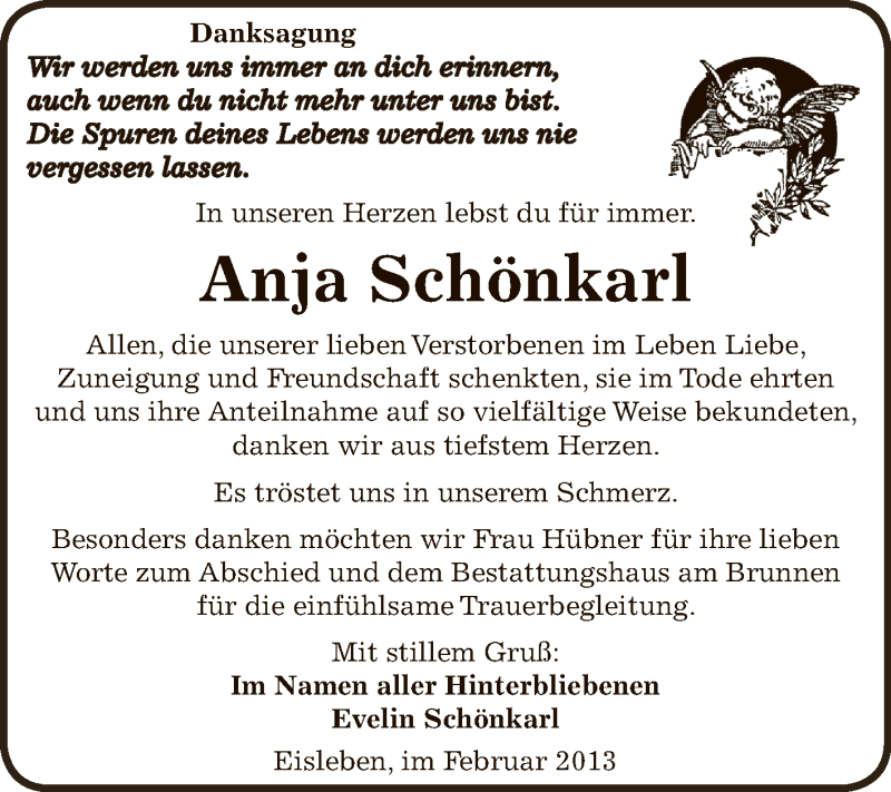  Traueranzeige für Anja Schönkarl vom 06.02.2013 aus Mitteldeutsche Zeitung Mansfelder Land