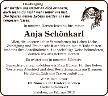Traueranzeige von Anja Schönkarl von Mitteldeutsche Zeitung Mansfelder Land