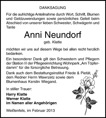 Traueranzeige von Anni Neundorf von Mitteldeutsche Zeitung Weißenfels