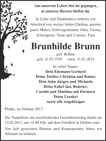 Traueranzeige von Brunhilde Brunn von Mitteldeutsche Zeitung Weißenfels