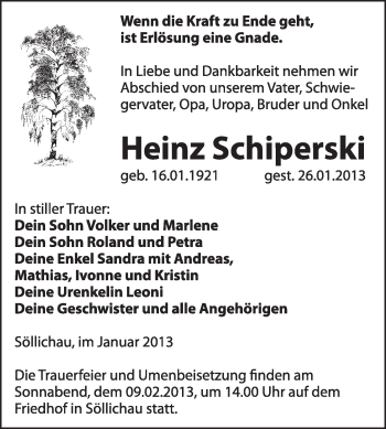 Traueranzeige von Heinz Schiperski von Mitteldeutsche Zeitung Jessen
