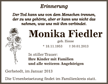 Traueranzeige von Monika Fiedler von Mitteldeutsche Zeitung Mansfelder Land