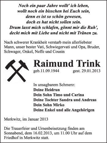Traueranzeige von Raimund Trink von Mitteldeutsche Zeitung Jessen