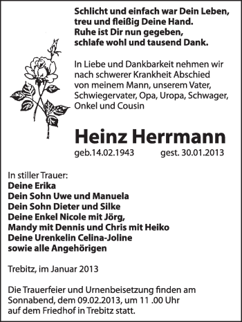 Traueranzeige von Heinz Herrmann von Mitteldeutsche Zeitung Jessen