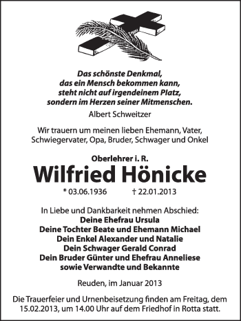 Traueranzeige von Wilfried Hönicke von Mitteldeutsche Zeitung Jessen