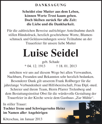 Traueranzeige von Luise Seidel von Mitteldeutsche Zeitung Merseburg/Querfurt