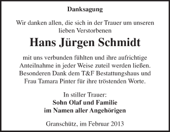 Traueranzeige von Hans Jürgen Schmidt von Mitteldeutsche Zeitung Weißenfels