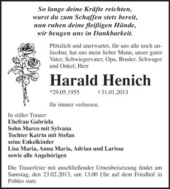 Traueranzeige von Harald Henich von Mitteldeutsche Zeitung Weißenfels