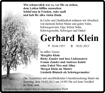 Traueranzeige von Gerhard Klein von Mitteldeutsche Zeitung Quedlinburg