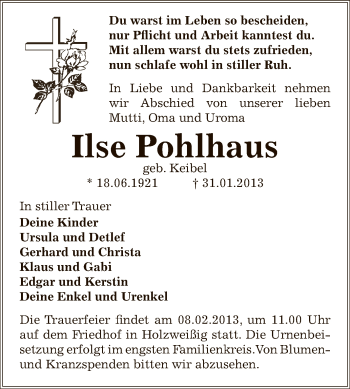 Traueranzeige von Ilse Pohlhaus von Mitteldeutsche Zeitung Bitterfeld