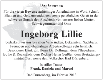Traueranzeige von Ingeborg Lillie von Mitteldeutsche Zeitung Merseburg/Querfurt