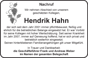 Traueranzeige von Hendrik Hahn von Mitteldeutsche Zeitung Naumburg/Nebra