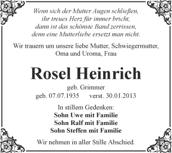 Traueranzeige von Rosel Heinrich von Mitteldeutsche Zeitung Weißenfels