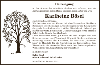 Traueranzeige von Karlheinz Bösel von Mitteldeutsche Zeitung Mansfelder Land