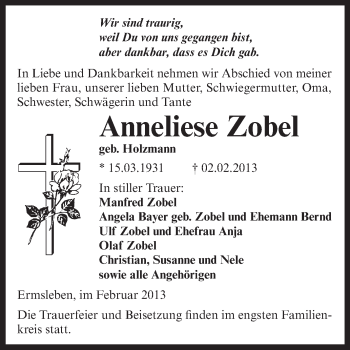 Traueranzeige von Anneliese Zobel von Mitteldeutsche Zeitung Quedlinburg