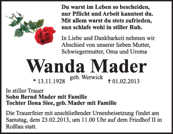 Traueranzeige von Wanda Mader von Mitteldeutsche Zeitung Dessau-Roßlau
