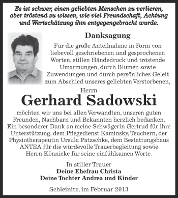 Traueranzeige von Gerhard Sadowski von Mitteldeutsche Zeitung Zeitz