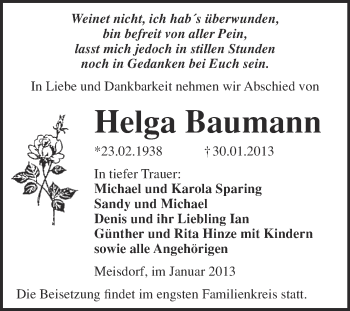 Traueranzeige von Helga Baumann von Mitteldeutsche Zeitung Quedlinburg