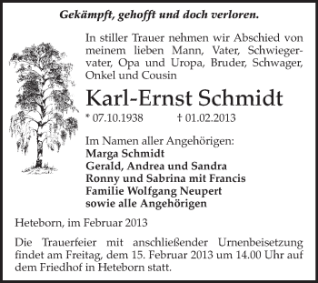 Traueranzeige von Karl-Ernst Schmidt von Mitteldeutsche Zeitung Quedlinburg