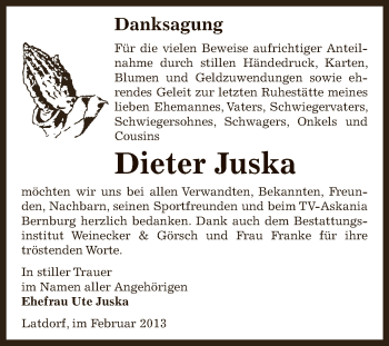 Traueranzeige von Dieter Juska von Mitteldeutsche Zeitung Bernburg