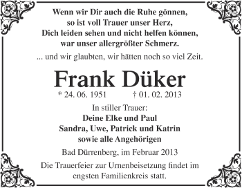 Traueranzeige von Frank Düker von Mitteldeutsche Zeitung Merseburg/Querfurt