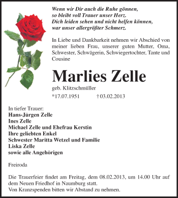 Traueranzeige von Marlies Zelle von Mitteldeutsche Zeitung Naumburg/Nebra