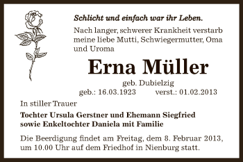 Traueranzeige von Erna Müller von Mitteldeutsche Zeitung Bernburg