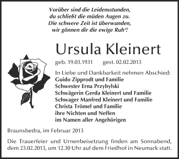 Traueranzeige von Ursula Kleinert von Mitteldeutsche Zeitung Merseburg/Querfurt