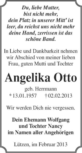 Traueranzeige von Angelika Otto von Mitteldeutsche Zeitung Weißenfels