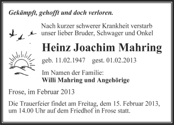 Traueranzeige von Heinz Joachim Mahring von Mitteldeutsche Zeitung Aschersleben