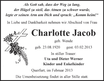Traueranzeige von Charlotte Jacob von Mitteldeutsche Zeitung Merseburg/Querfurt