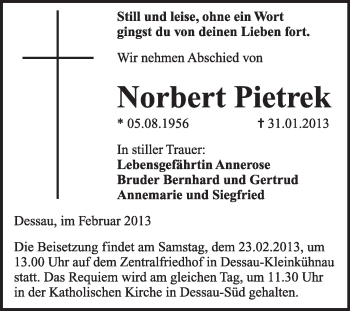Traueranzeige von Norbert Pietrek von Mitteldeutsche Zeitung Dessau-Roßlau