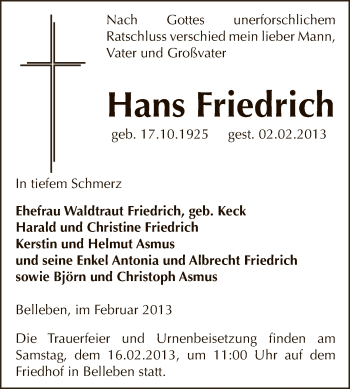 Traueranzeige von Hans Friedrich von Mitteldeutsche Zeitung Bernburg