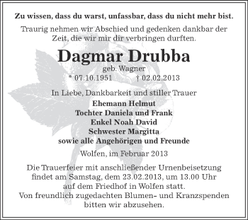 Traueranzeige von Dagmar Drubba von Mitteldeutsche Zeitung Bitterfeld