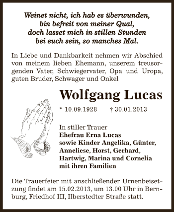 Traueranzeige von Wolfgang Lucas von Mitteldeutsche Zeitung Bernburg