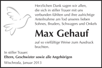 Traueranzeige von Max Gehauf von Mitteldeutsche Zeitung Naumburg/Nebra