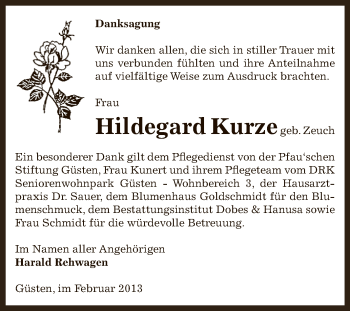 Traueranzeige von Hildegard Kurze von Mitteldeutsche Zeitung Bernburg