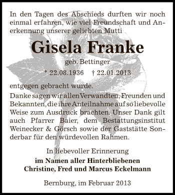 Traueranzeige von Gisela Franke von Mitteldeutsche Zeitung Bernburg