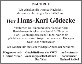 Traueranzeige von Hans-Karl Gödecke von Mitteldeutsche Zeitung Aschersleben