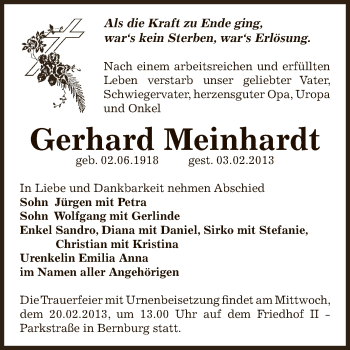 Traueranzeige von Gerhard Meinhardt von Mitteldeutsche Zeitung Bernburg