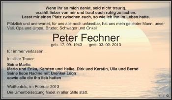 Traueranzeige von Peter Fechner von Mitteldeutsche Zeitung Weißenfels