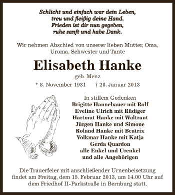 Traueranzeige von Elisabeth Hanke von Mitteldeutsche Zeitung Bernburg