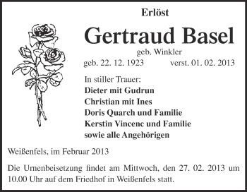 Traueranzeige von Gertraud Basel von Mitteldeutsche Zeitung Weißenfels