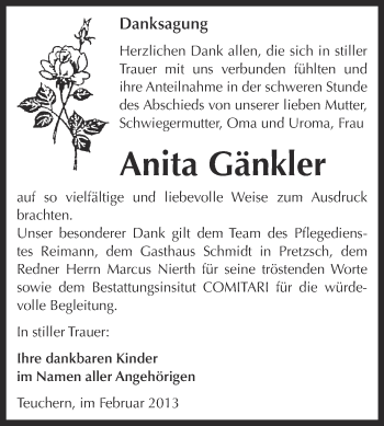 Traueranzeige von Anita Gänkler von Mitteldeutsche Zeitung Weißenfels